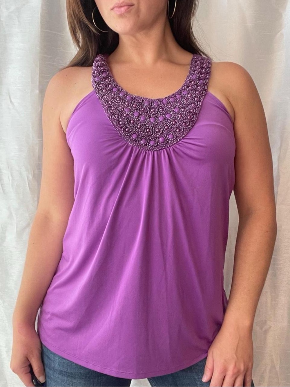 IZ Byer Babydoll Tank Top Womens Small Purple Beaded Neckline Fairycore Boho Y2K